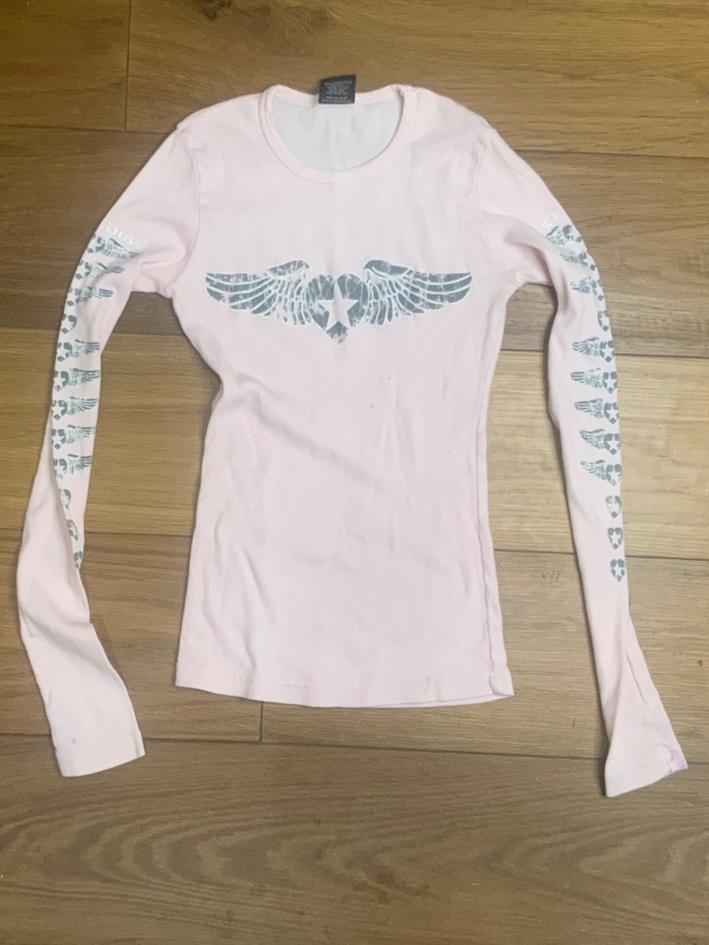 Sledge USA Long-Sleeved Pink Ribbed Shirt Heart Star and Angel Wings